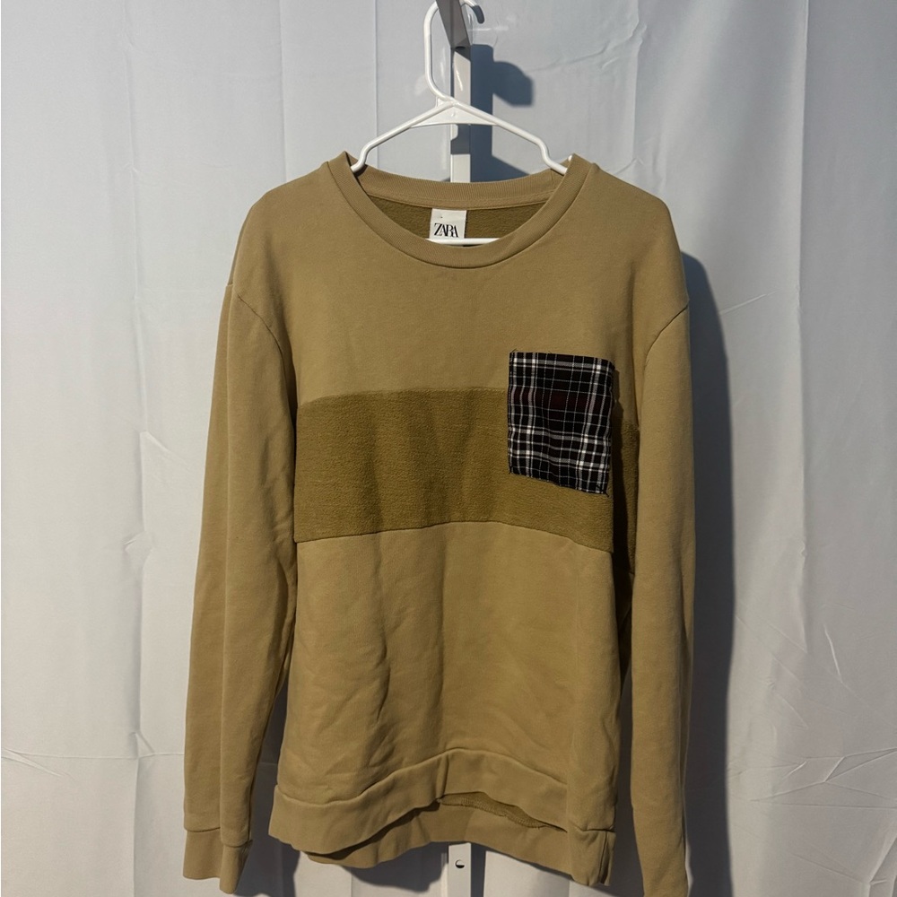Zara Beige Crewneck Sweatshirt with Checkered Pocket Size XL